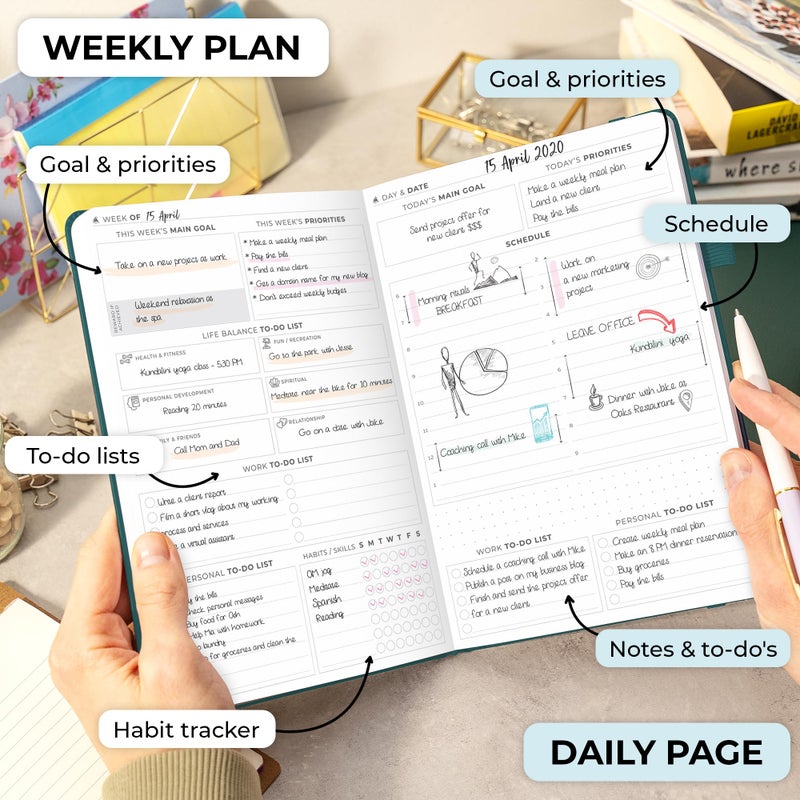 Clever Fox Planner Daily Premium â€“ Undated Daily Planner with Hourly Schedule, Personal Organizer, Productivity Journal, 6 Months (Dark Teal) - Image 3